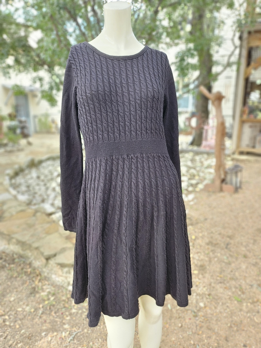Calvin Klein Black Cable Knit Long-Sleeve Midi Dress M